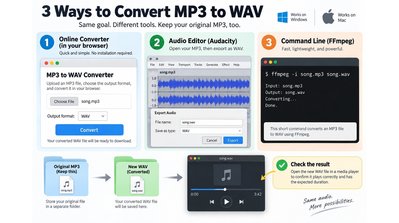 Conversion paths from MP3 to WAV using an online tool, Audacity, or FFmpeg.