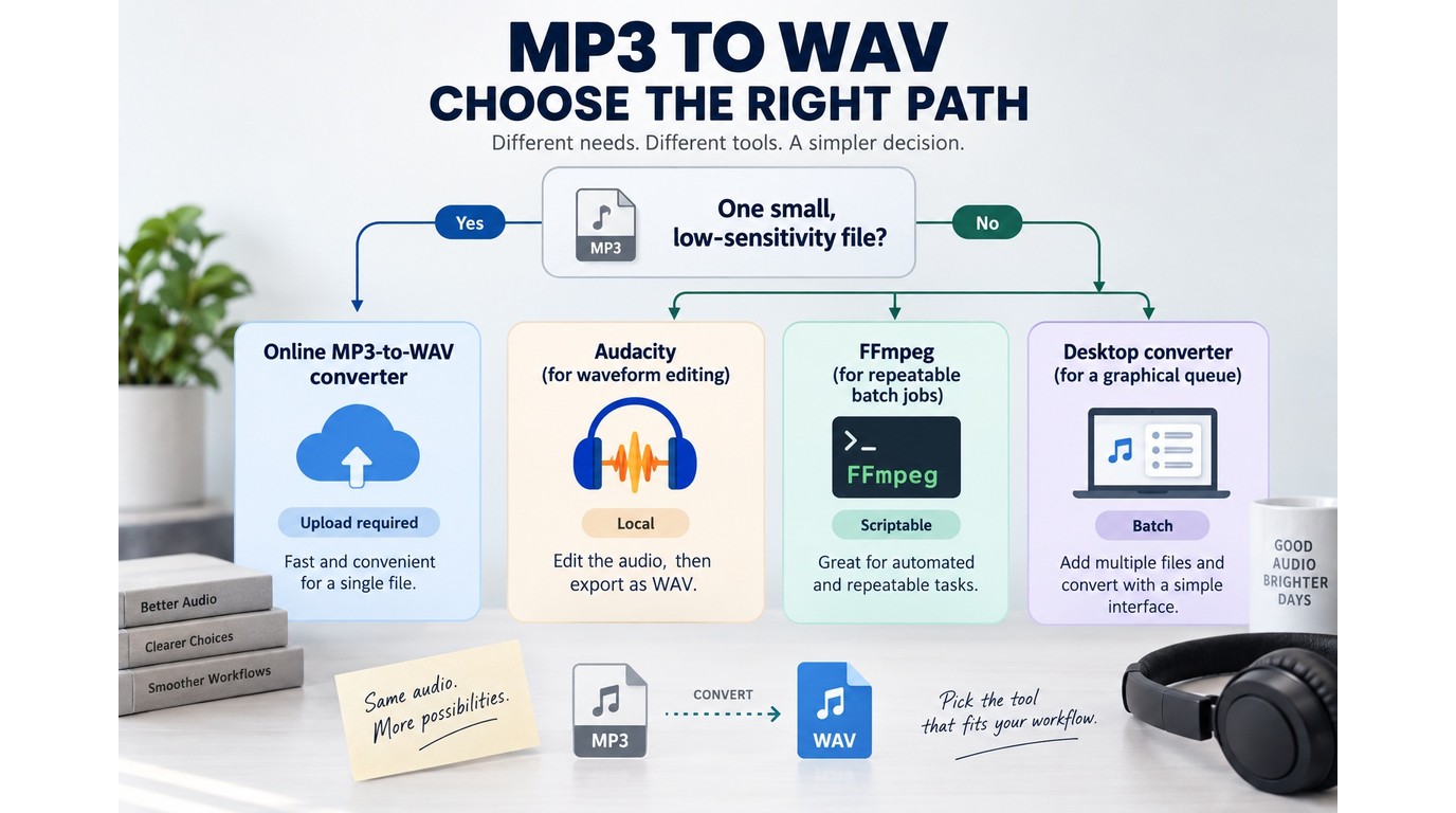 Choosing an MP3-to-WAV workflow by privacy, editing, and batch requirements.