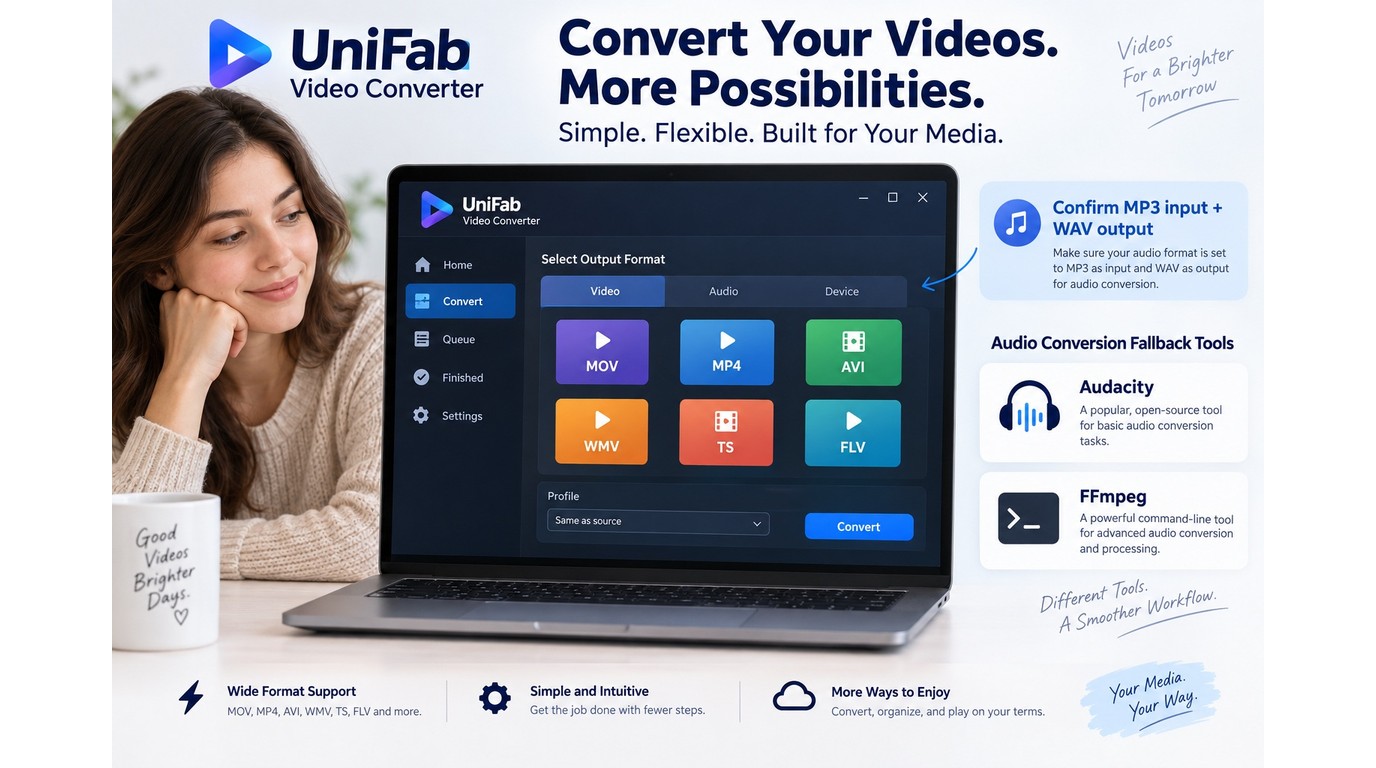 UniFab Video Converter lists video formats, while MP3 to WAV requires confirmation.