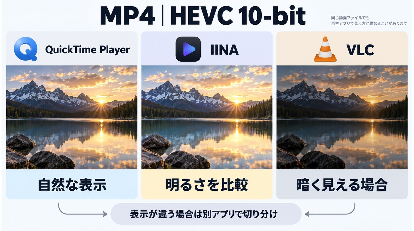 QuickTime Player、IINA、VLCでHDR動画の表示を比較