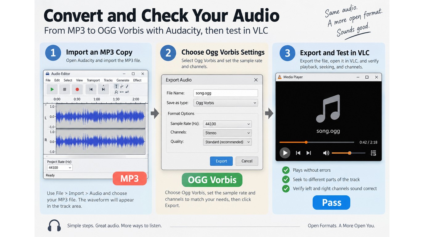 Three steps from an MP3 copy to tested OGG playback in VLC