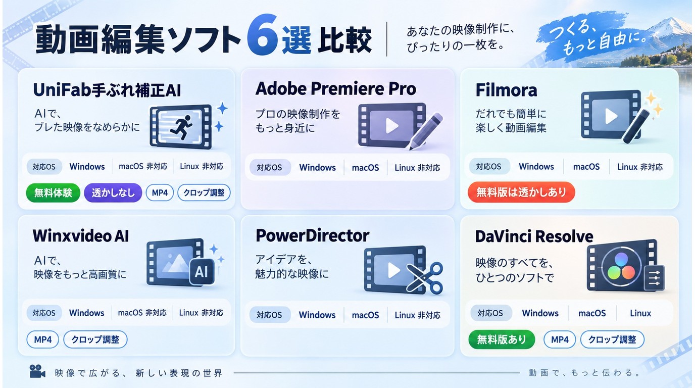 UniFabやFilmoraなど6製品の無料条件と対応OSの比較
