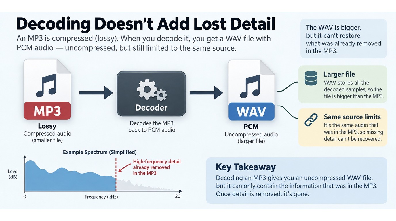 MP3 decoding into WAV PCM increases file size without restoring lost detail.