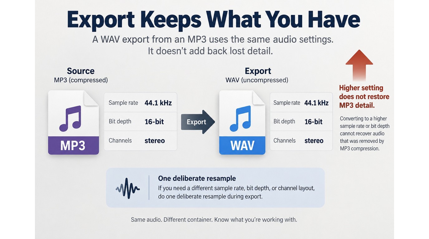 Matching MP3 source settings in WAV avoids unnecessary resampling and false quality gains.