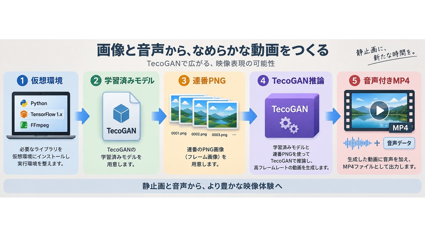 TecoGANで連番PNGを処理し音声付きMP4に戻す流れ