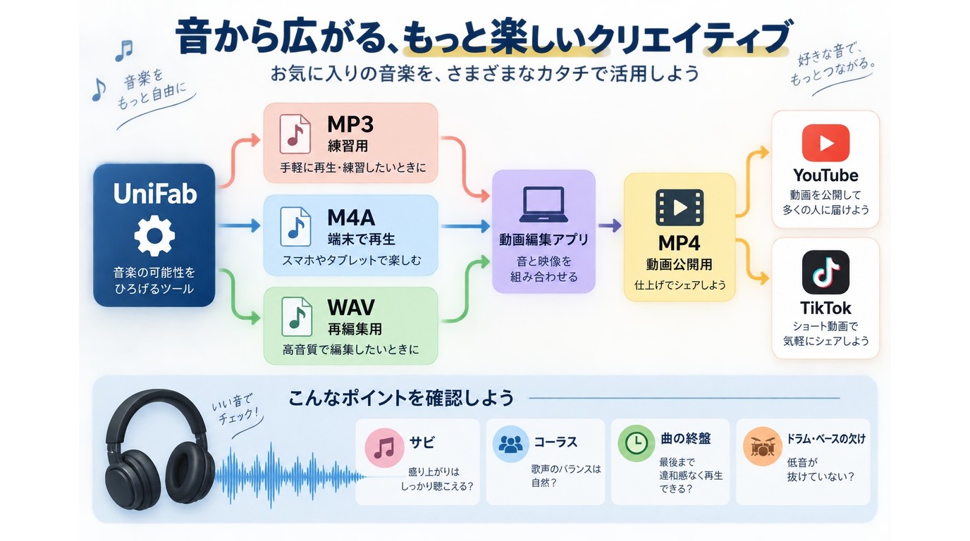 UniFabからMP3、WAV、M4A、MP4へ保存し、練習や編集、投稿に使い分ける流れ