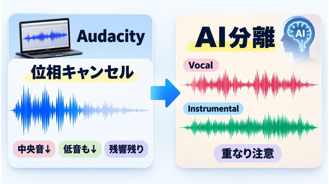 Audacityの位相キャンセルとAI音源分離で、声や低音、残響の分かれ方が異なる仕組み
