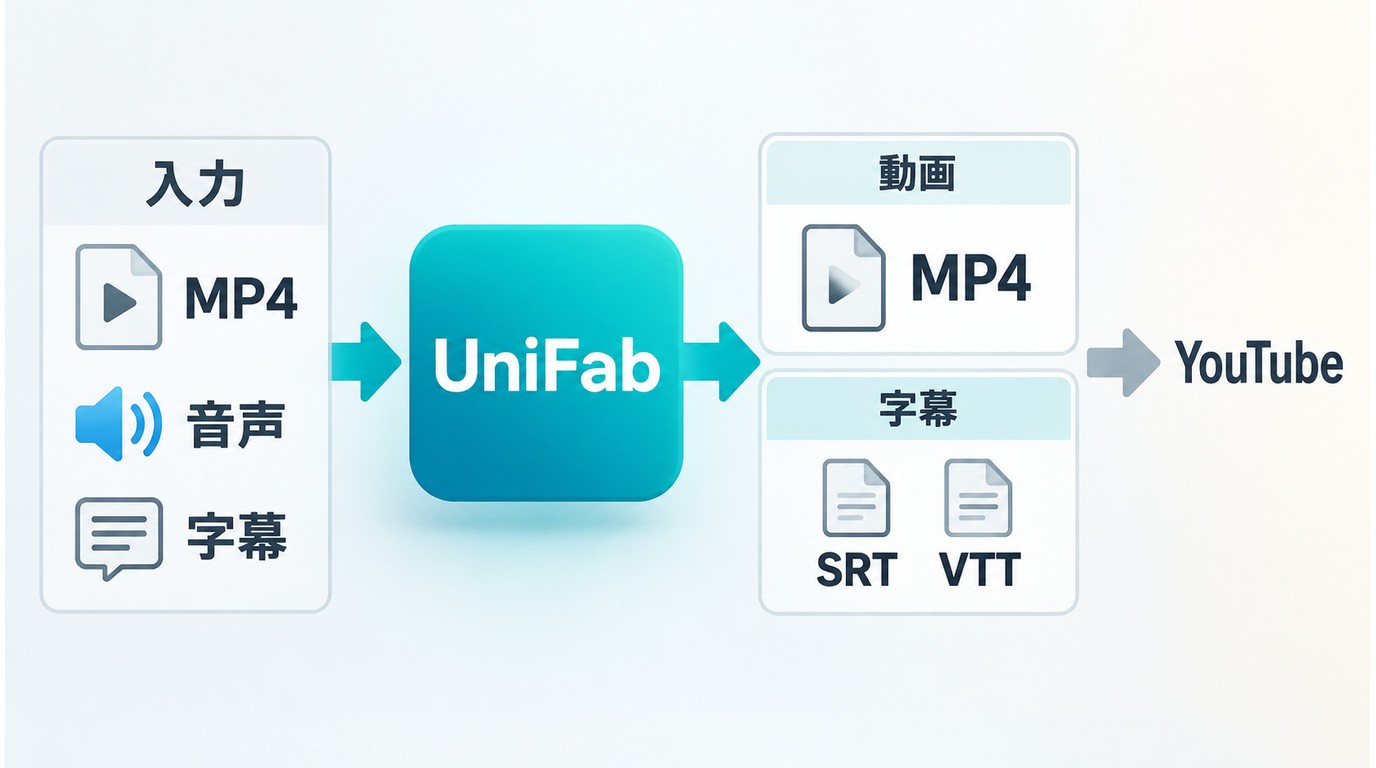 UniFabへの入力素材とMP4、SRT、VTTの出力先。