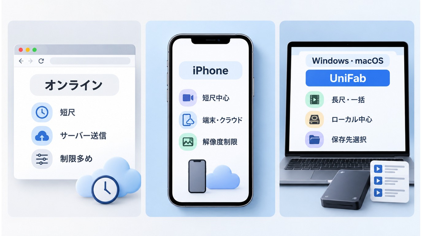 オンラインとiPhoneとUniFabの長尺対応や処理場所の違い
