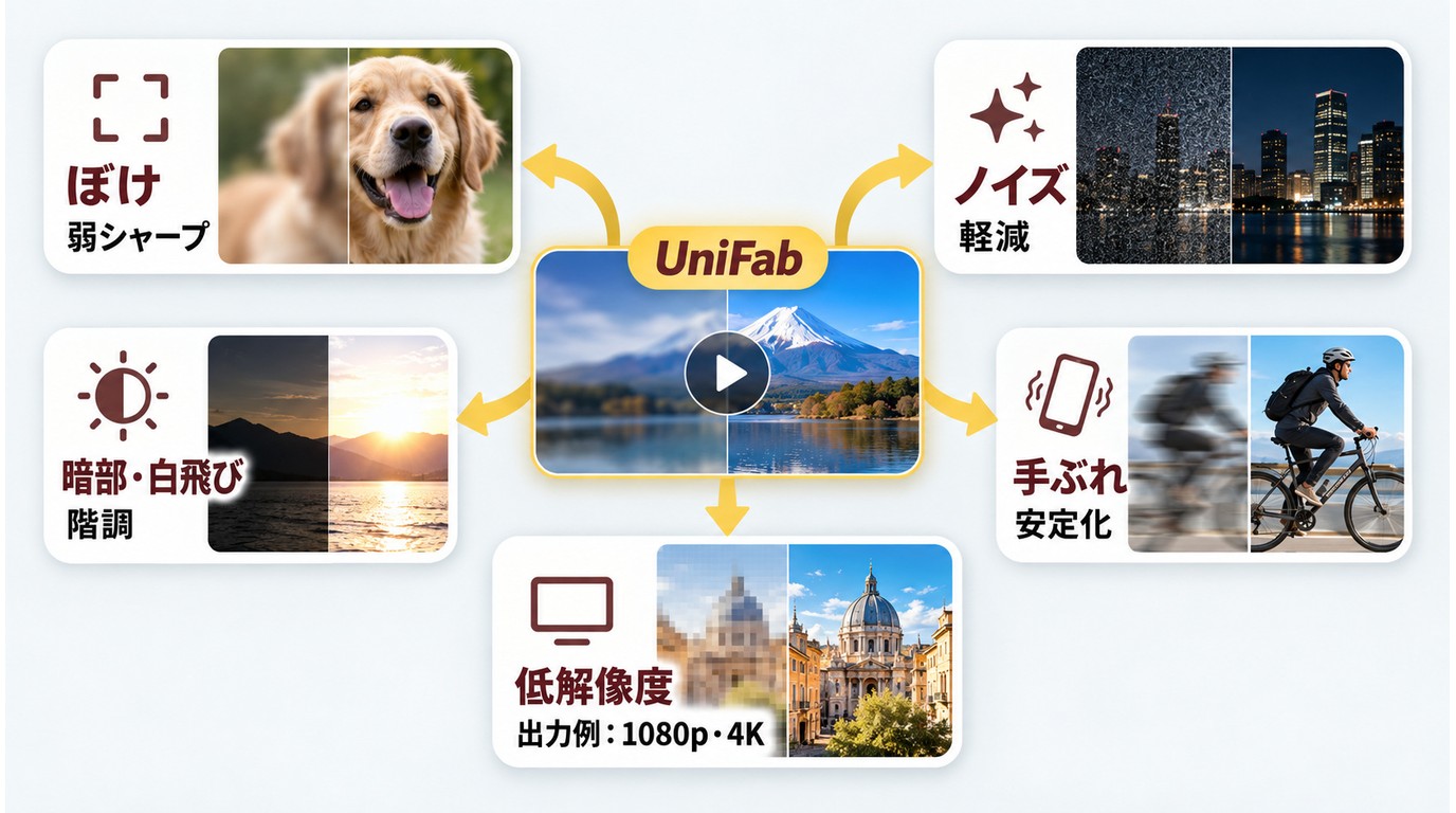 ぼけやノイズなど動画の症状から適切な補正処理を選ぶ早見図