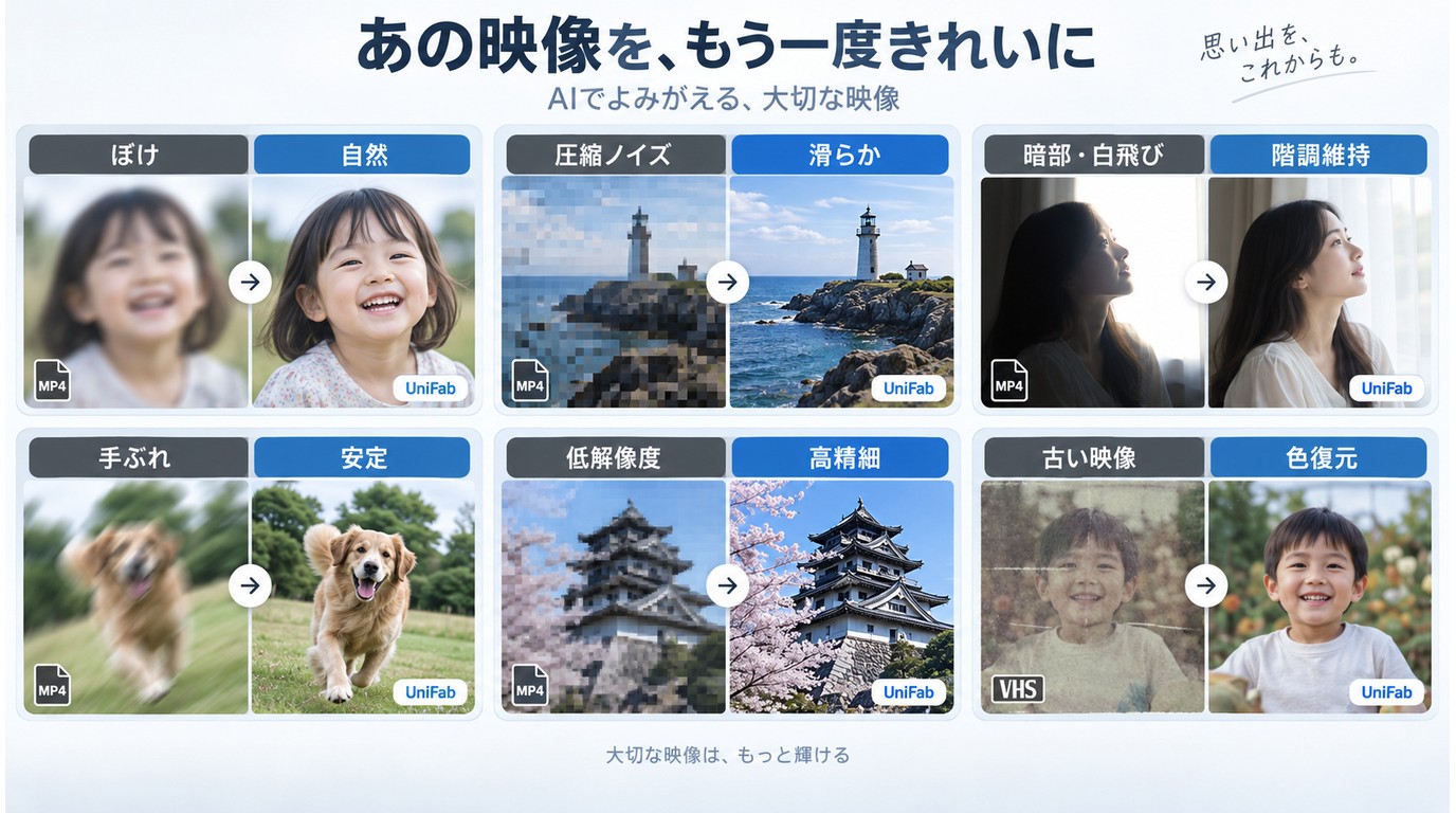 動画のぼけや圧縮ノイズなど六つの症状と自然な補正結果の比較