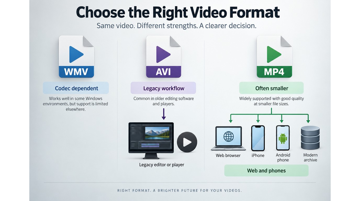 AVI and MP4 compared for legacy workflows, web, and phones