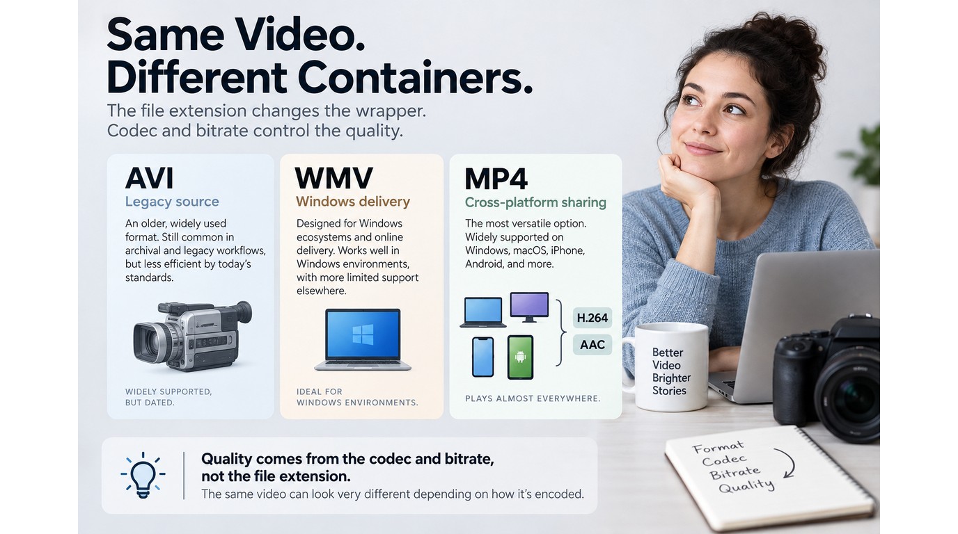 AVI, WMV, and MP4 compared by codecs, file size, quality, and device compatibility.