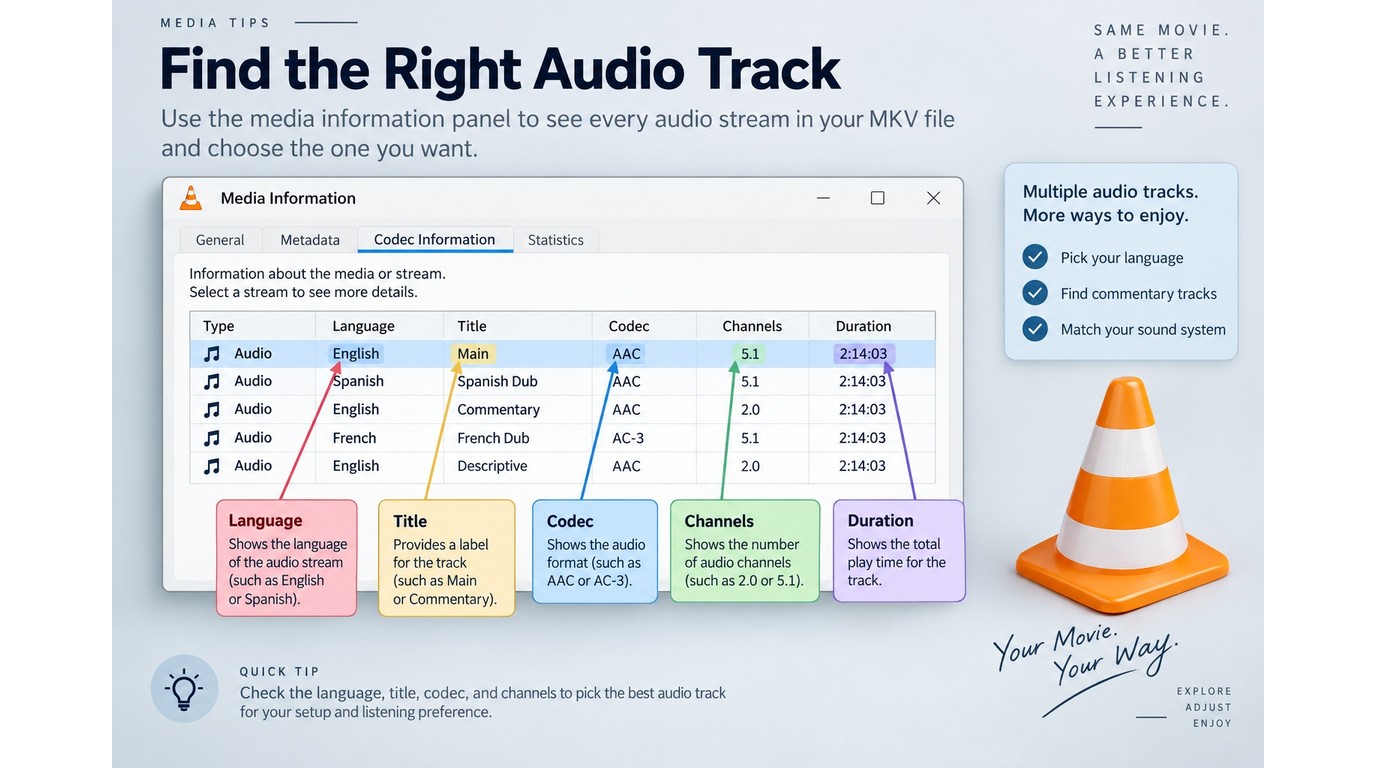 VLC stream details for choosing the correct MKV audio track before MP3 conversion.