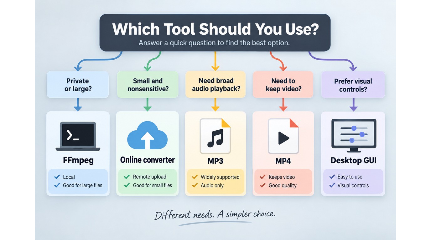 Decision guide for choosing an online converter, FFmpeg, MP3, MP4, or a desktop GUI.