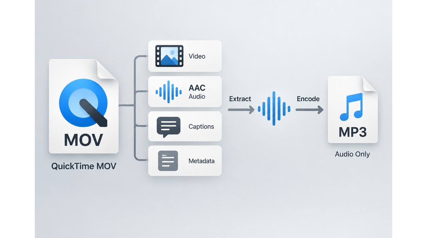 How MOV video and audio streams become a compressed MP3 audio file.