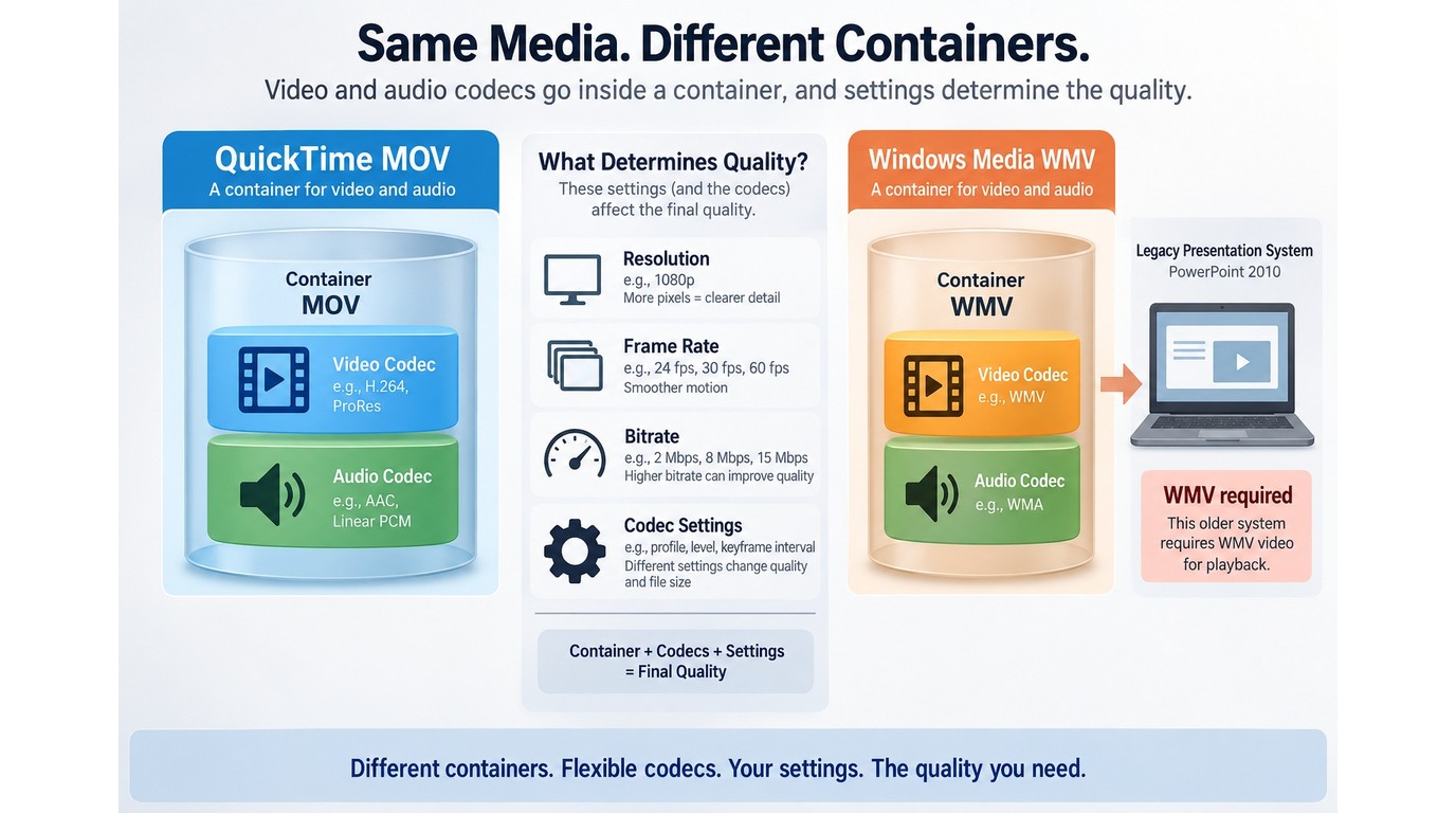MOV and WMV containers with codecs and a legacy Windows WMV requirement
