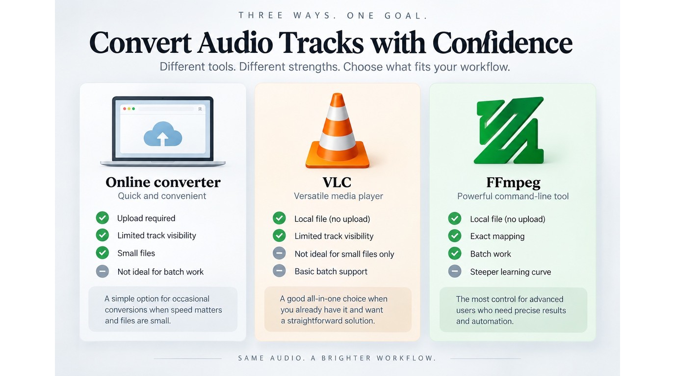 Online converters, VLC, and FFmpeg compared by privacy, track control, and file size.