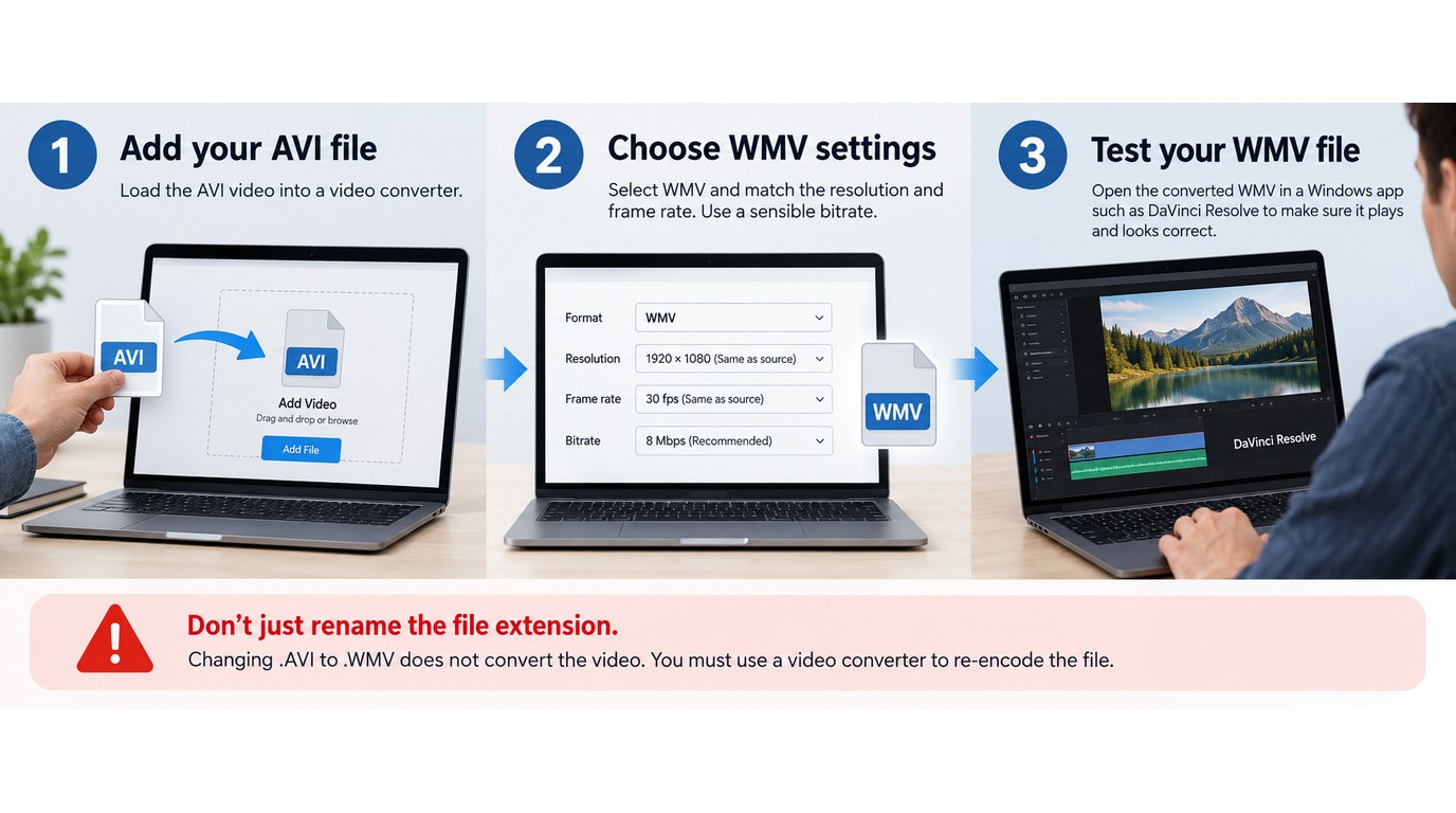 Three-step AVI to WMV workflow from source settings to playback testing in Windows.