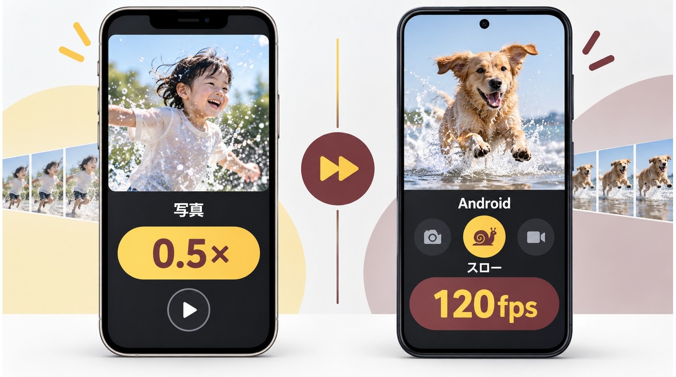 iPhoneの写真アプリの再生速度設定とAndroidのスローモーション撮影画面