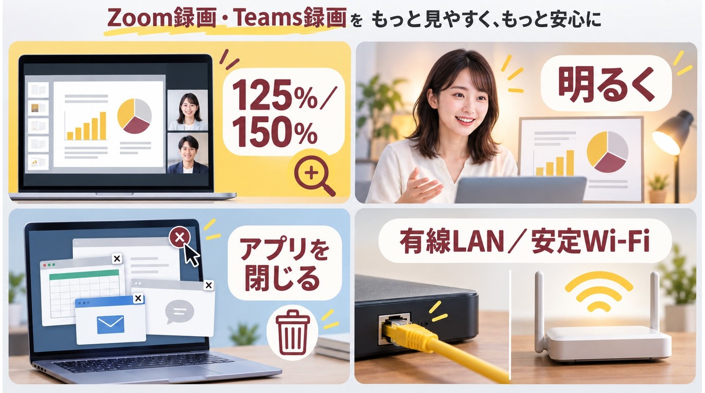 ZoomとTeamsの録画前に確認する文字サイズ、照明、PC負荷、回線の4項目