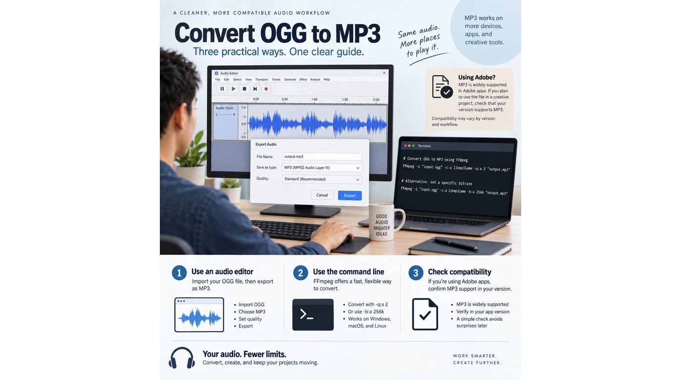 Audacity MP3 export controls and FFmpeg commands for converting OGG files on desktop.