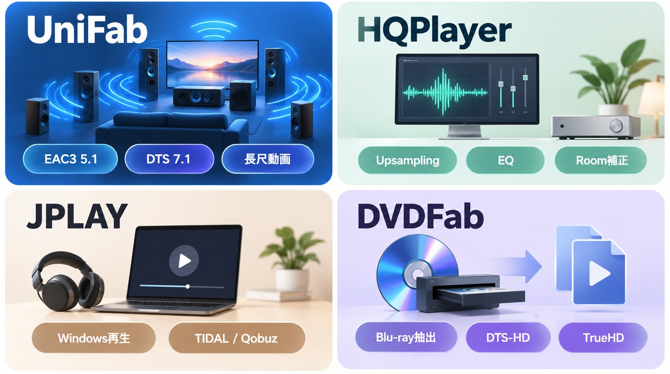 UniFab、HQPlayer、JPLAY、DVDFabの用途と対応する音声処理の違い