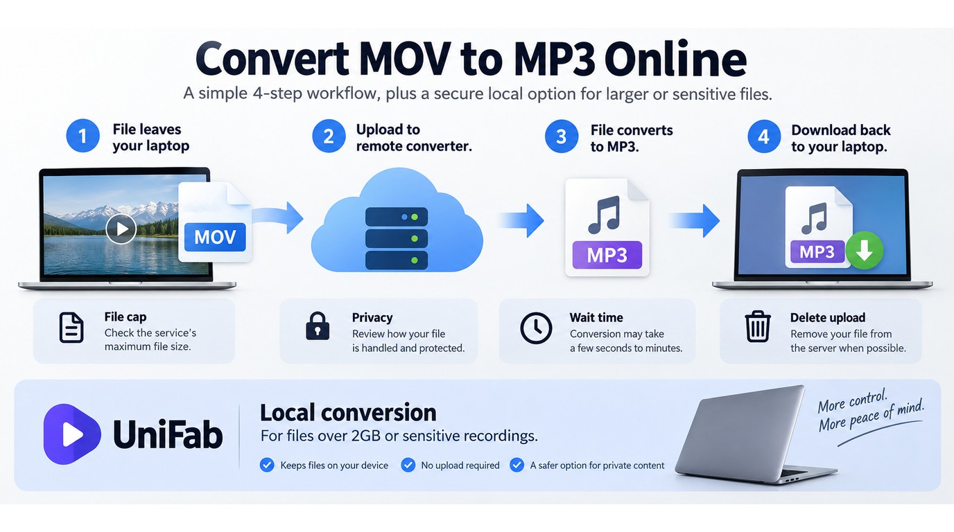 Online MOV upload and MP3 download flow with privacy and file size checkpoints.