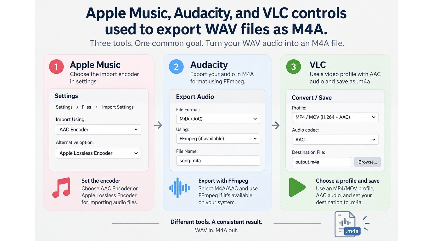 Apple Music, Audacity, and VLC controls used to export WAV files as M4A