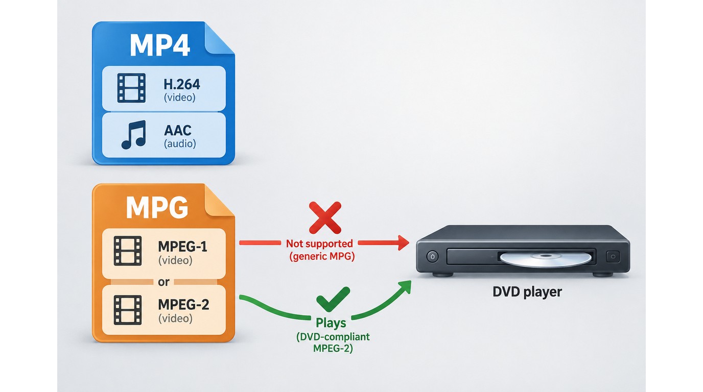 MP4 and MPG containers compared by codecs, with DVD playback depending on MPEG-2 compliance