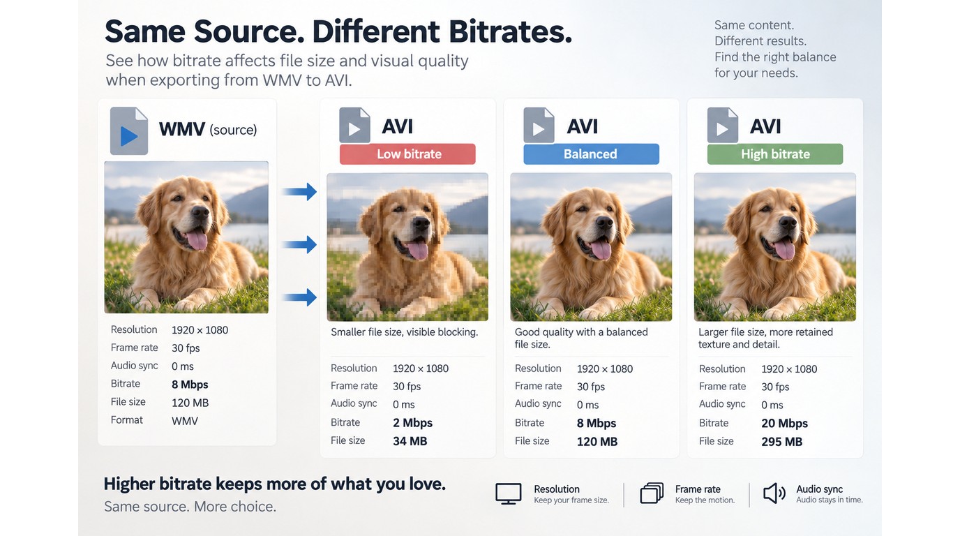 AVI bitrate settings compared by quality, size, and audio sync