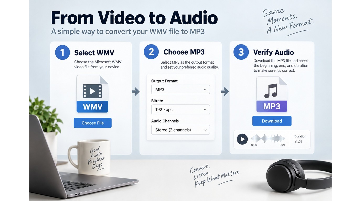 How to select a WMV, choose MP3 settings, and verify the converted audio