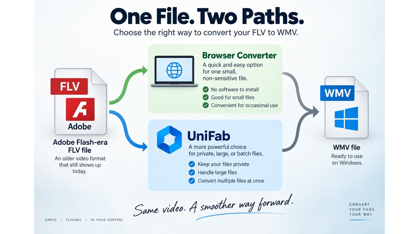 FLV to WMV paths for small online jobs and private batch conversion with UniFab