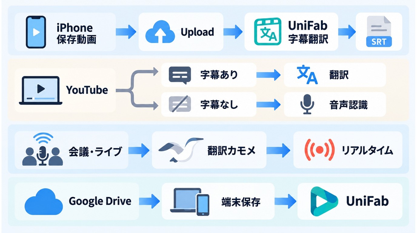 iPhone、YouTube、GoogleドライブからUniFabや翻訳カモメで動画を翻訳する流れ