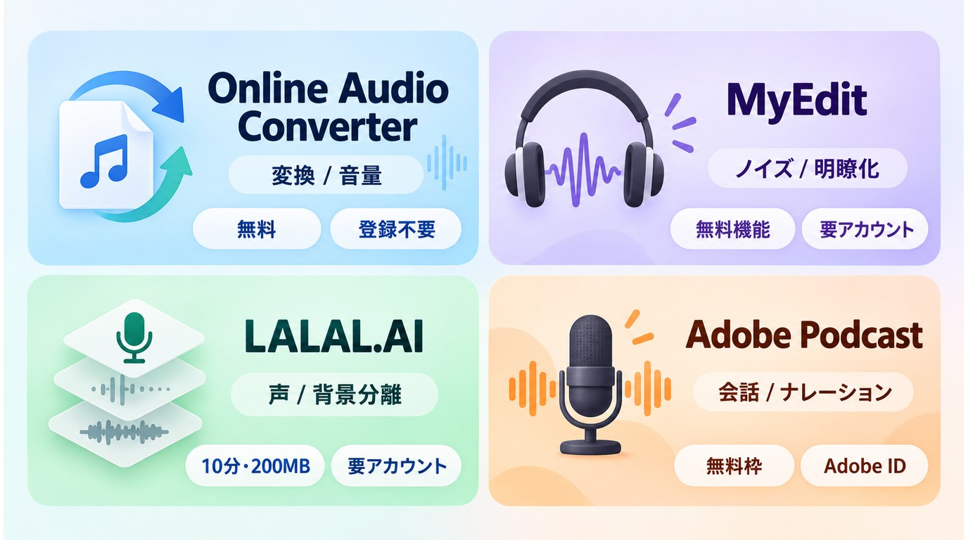 Online Audio Converter、MyEdit、LALAL.AI、Adobe Podcastの用途と無料条件
