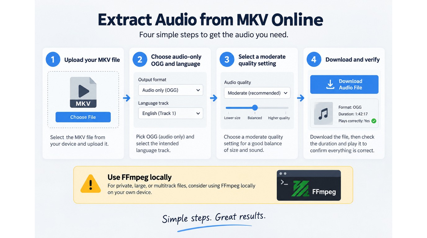 Four steps to convert MKV to OGG online, with an FFmpeg option for private files.