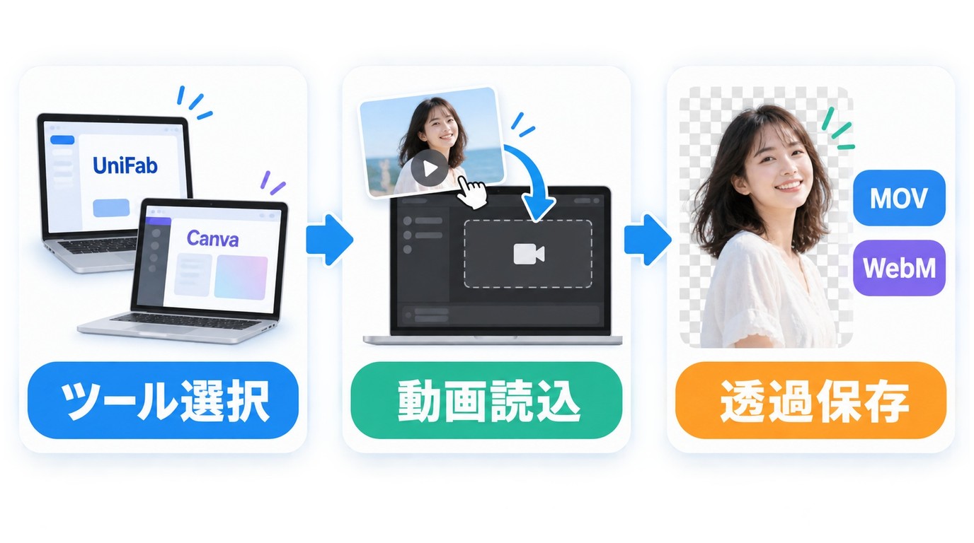 UniFabやCanvaを選び、動画を読み込み、MOVまたはWebMで透過保存する三段階