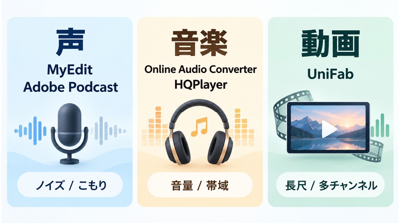 声、音楽、動画の悩みからMyEdit、HQPlayer、UniFabなどを選ぶ目安