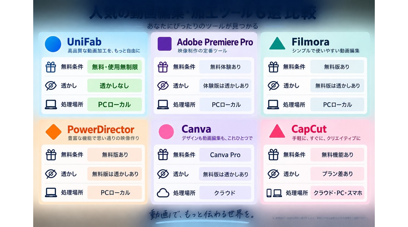 UniFab、Premiere Pro、Filmora、PowerDirector、Canva、CapCutの無料条件と処理場所の比較