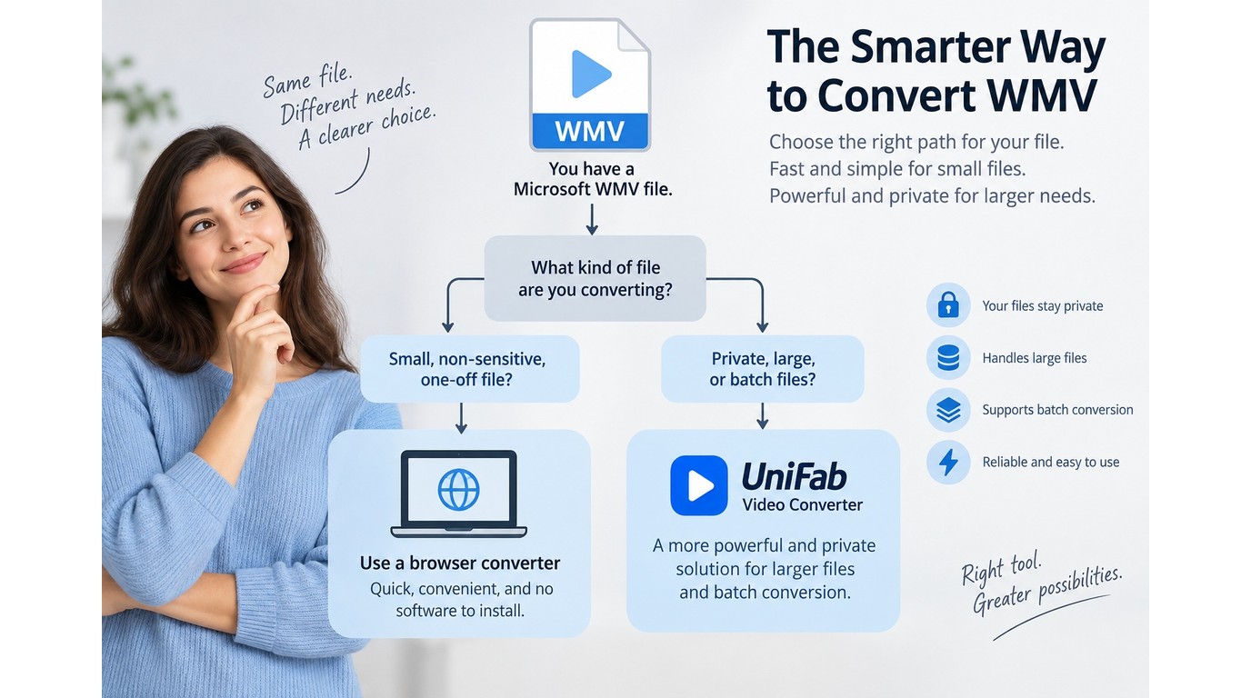 Choosing an online converter or UniFab for WMV files by privacy, size, and batch needs