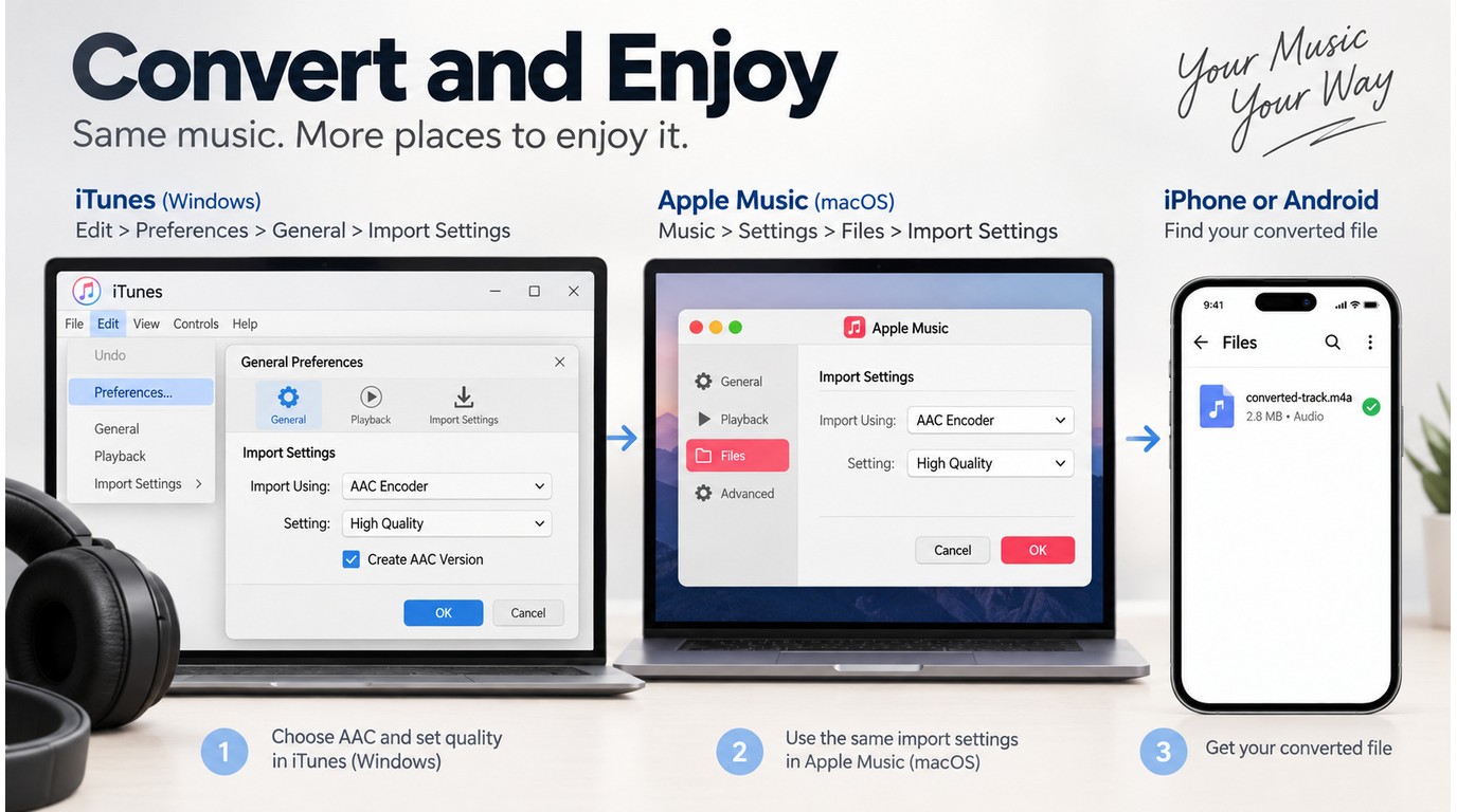 iTunes and Music AAC settings with an M4A file ready on a mobile device