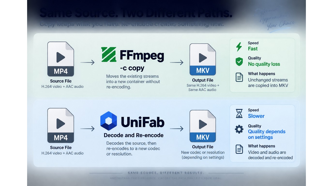 FFmpeg remux keeps source streams, while UniFab re-encoding changes codec or resolution
