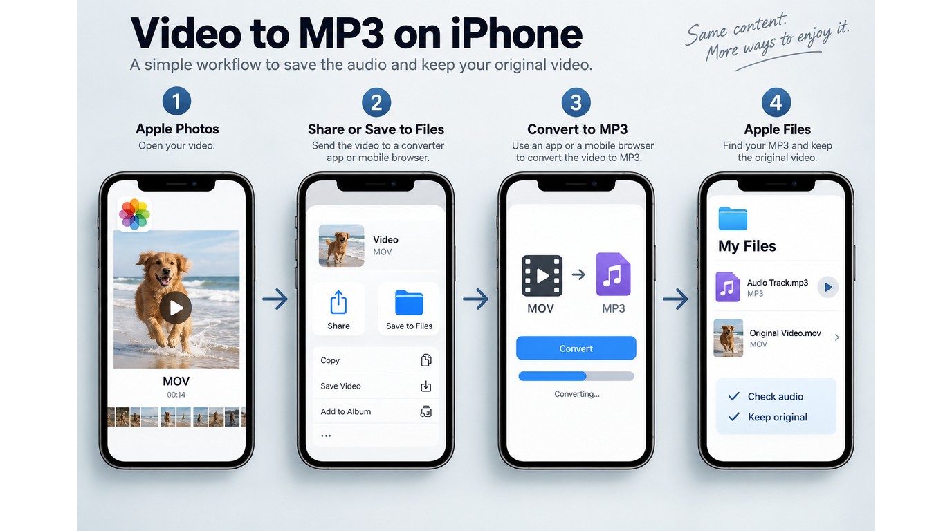 iPhone workflow from Photos to MP3 conversion and saving the result in Files.