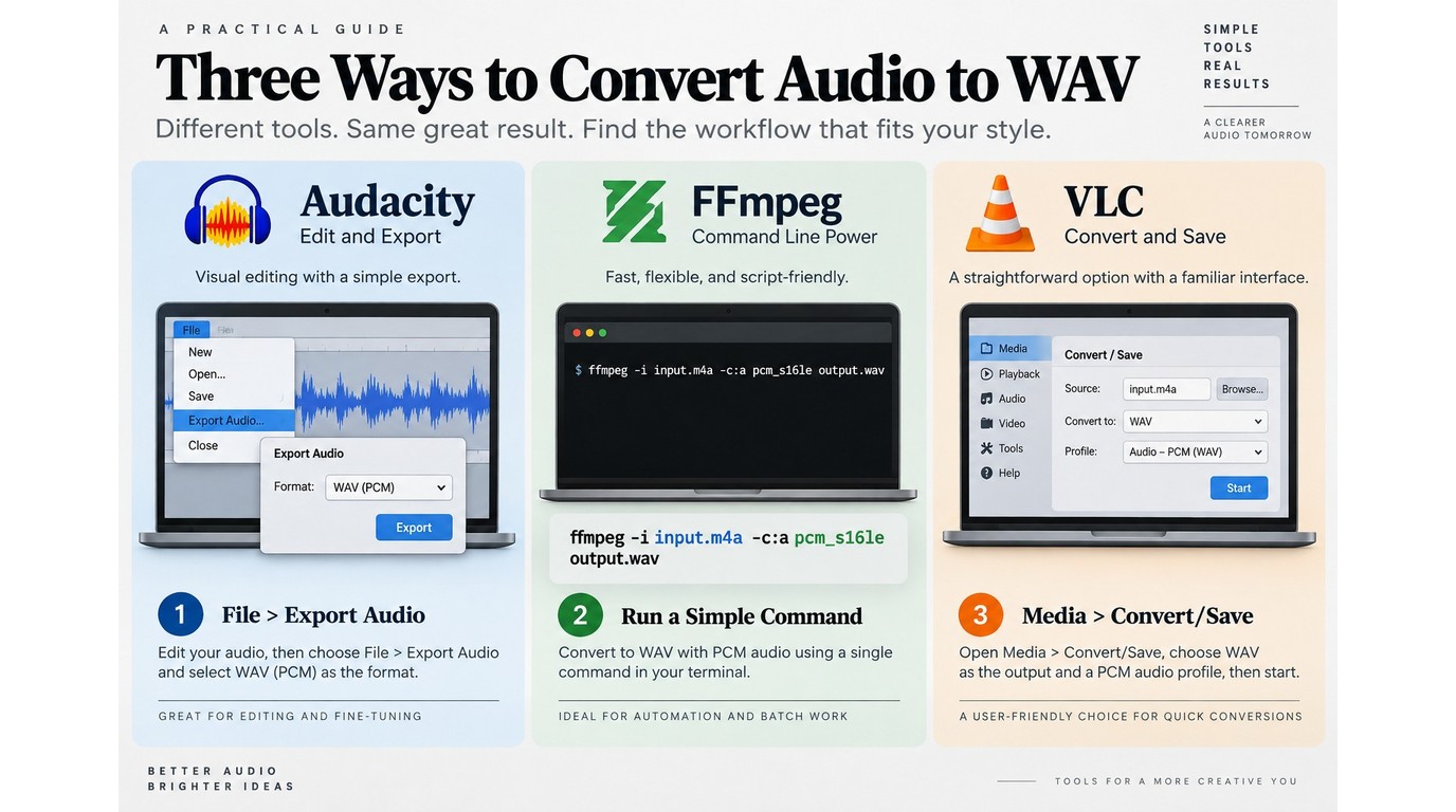 Audacity, FFmpeg, and VLC workflows for converting M4A files to WAV.