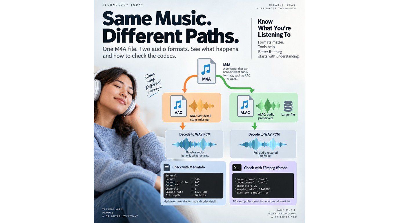 M4A may contain AAC or ALAC, while WAV typically stores PCM audio.