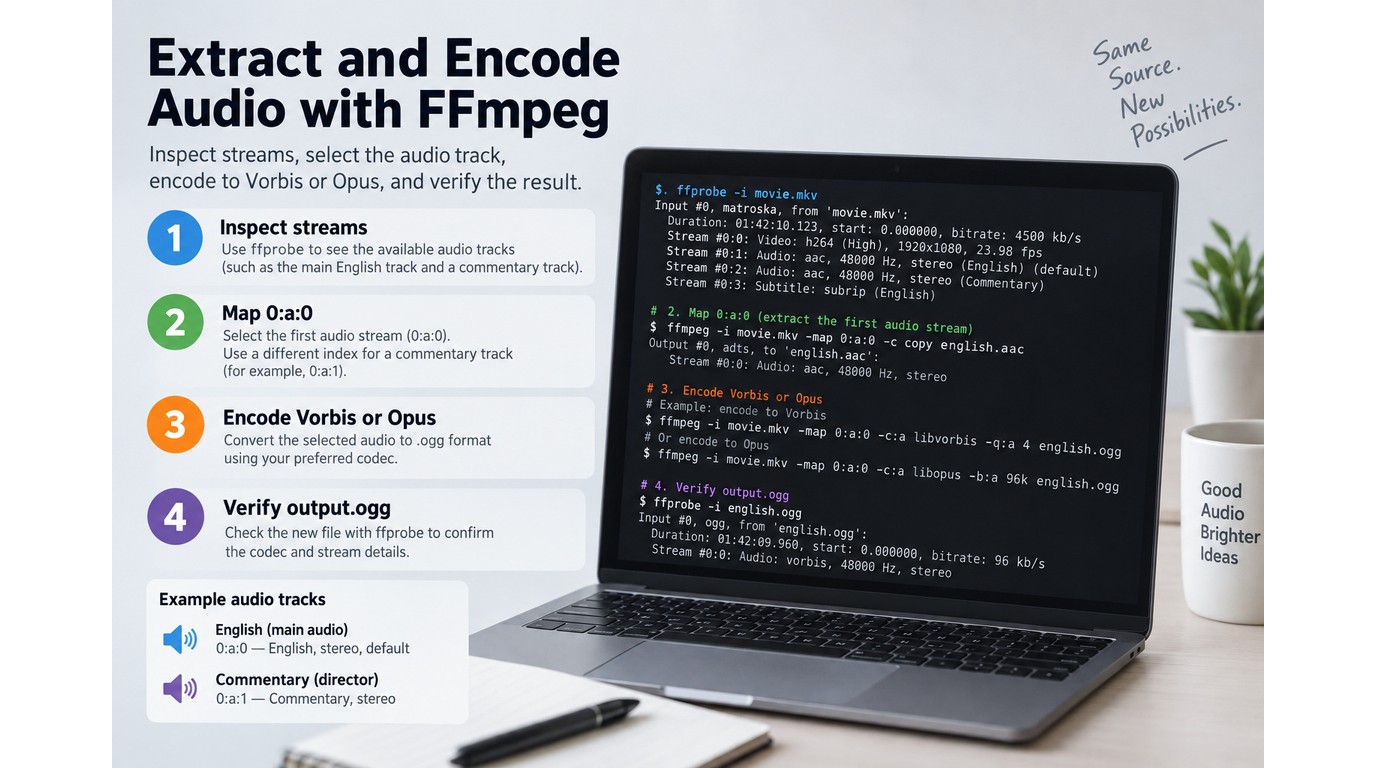 FFmpeg workflow for inspecting, mapping, encoding, and verifying MKV audio as OGG.