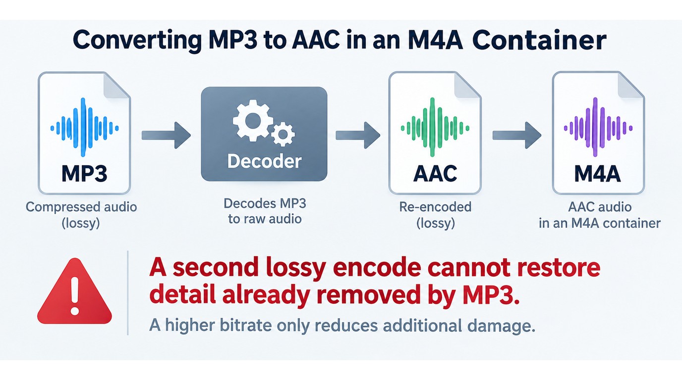 How MP3 audio becomes AAC in an M4A container without restoring lost detail