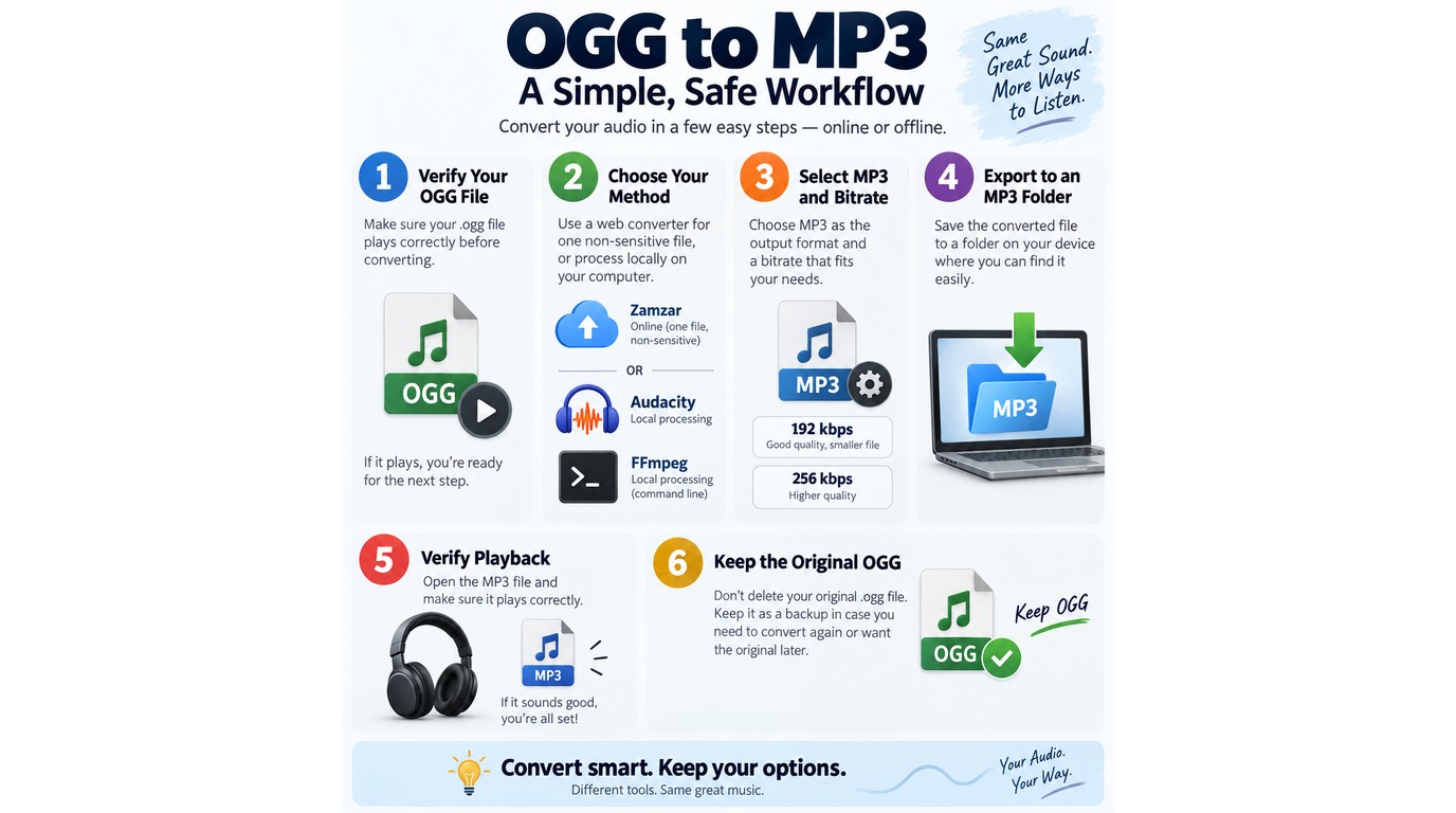 OGG to MP3 workflow from file check through export, playback verification, and source retention.