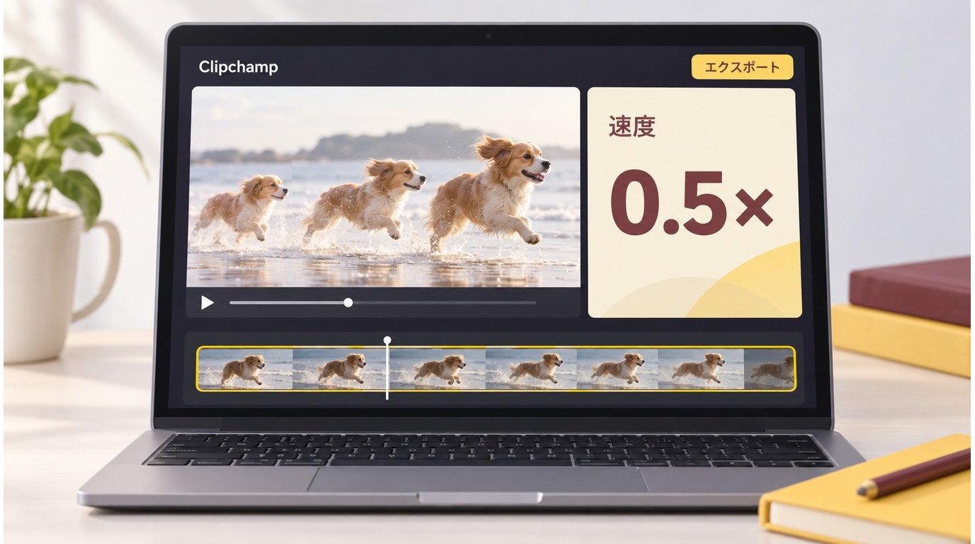 Windows版Clipchampで動画クリップを0.5倍速に設定する操作画面