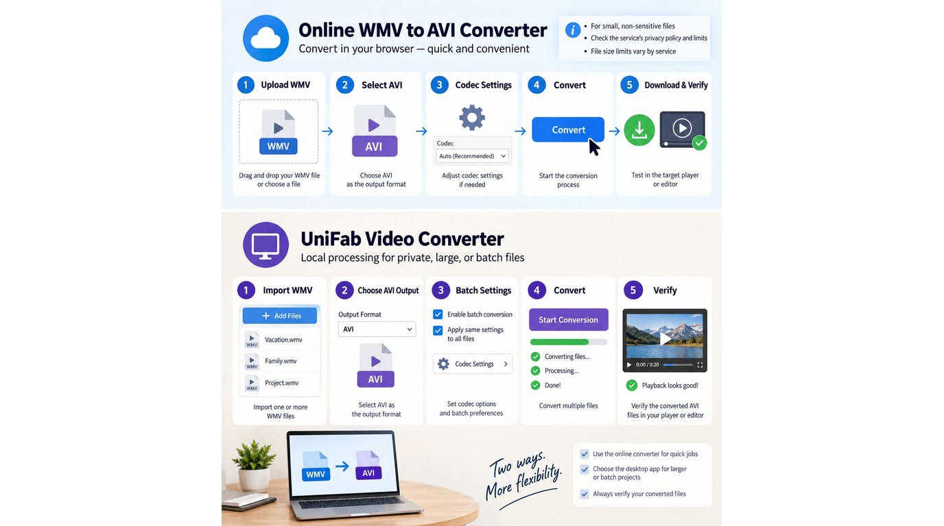 Online and local WMV to AVI conversion steps with verification